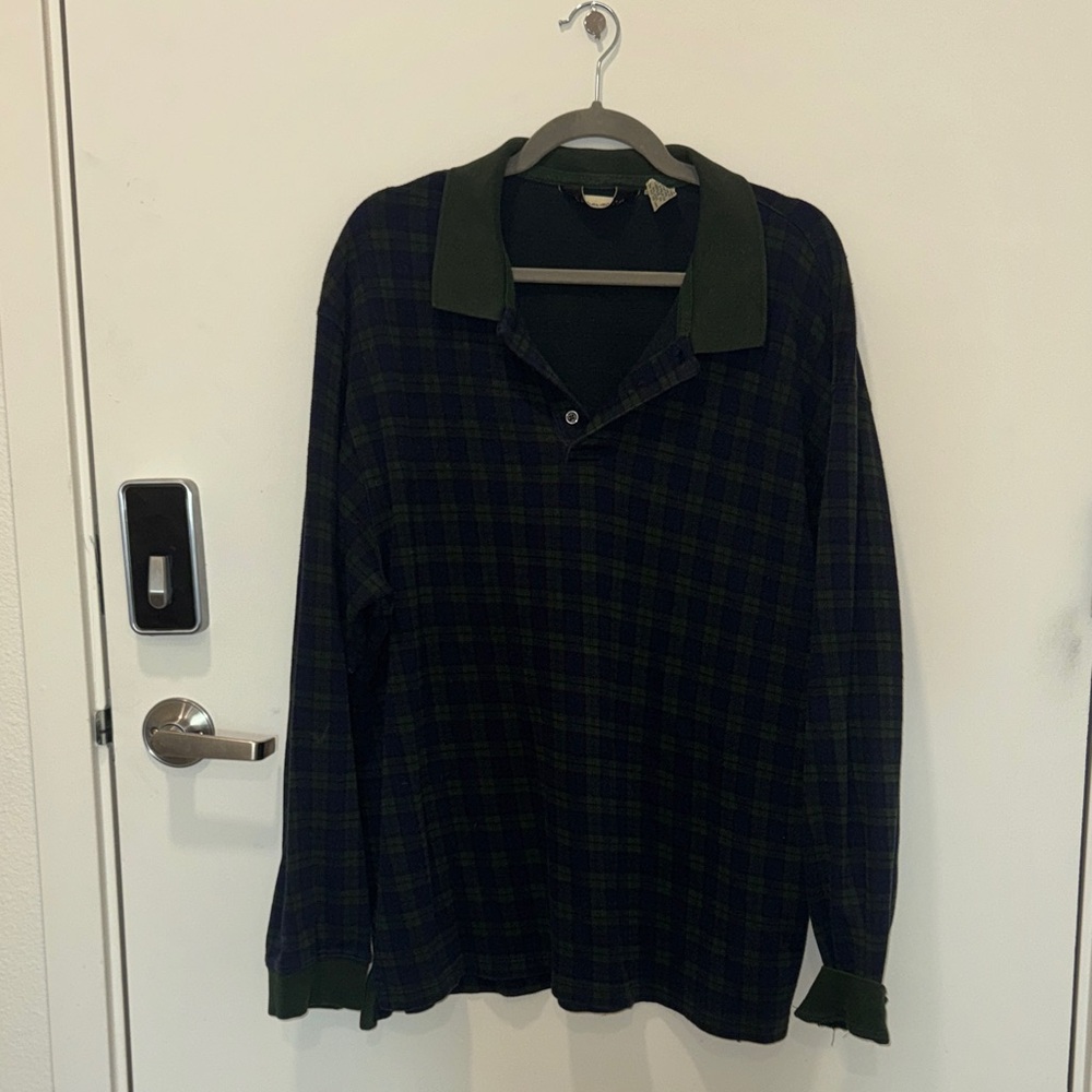 Eddie Bauer Green and Navy Plaid Long-Sleeve Polo